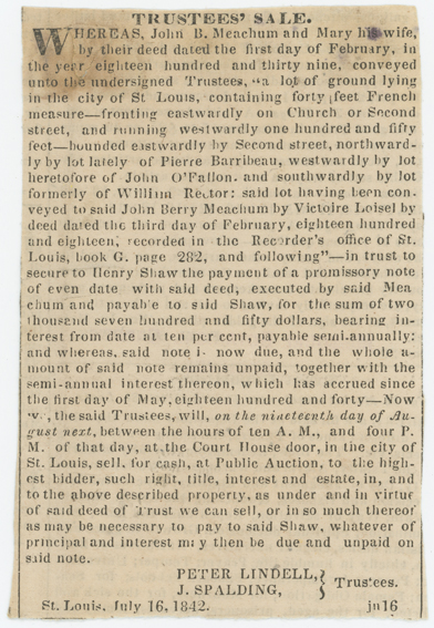 Newspaper advertisement for the Trustee's sale of property owned by John and Mary Meachum, dated 16 July 1842