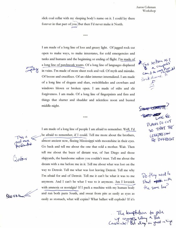 The second page of the typed draft of the poem. Handwritten notes include, "This section as a compass?"