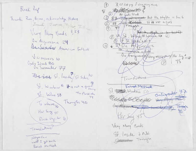  Handwritten notes in blue and black ink, including a list of poems to be read, including notes such as "Translations?"  
