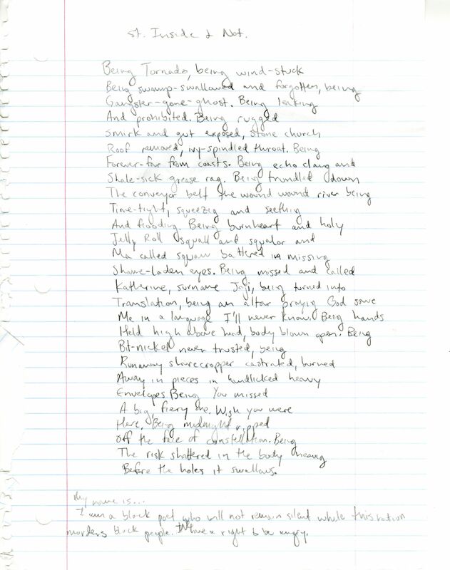  A handwritten draft in black ink of the poem titled "St. Inside & Not." The form is stichic: one long stanza of twenty-seven lines. 