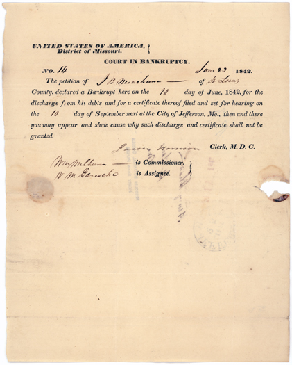 Front: John Berry Meachum declares bankruptcy, dated 10 June 1842