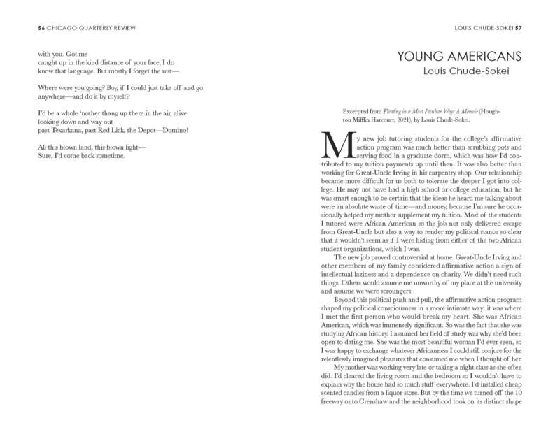 The continuation of the poem "Sunday.” The facing page is a work of prose titled "Young Americans" by Louis Chude-Sokei. 
 
