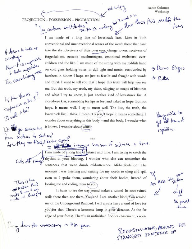 typed draft of the poem "Projection-Possession-Production," including handwritten notes, such as "A desire to take up everything."