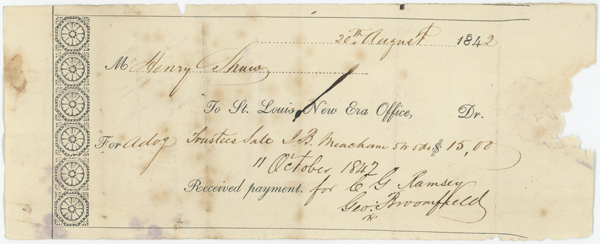 Purchase receipt for Henry Shaw of a newspaper advertisement for the Trustee's sale of property owned by John and Mary Meachum