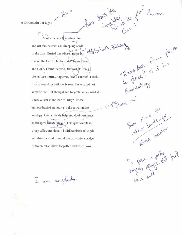 A typed draft of a poem "A Certain Slant of Light." Handwritten notes include "Transition from place to place. Is it disorientating?"