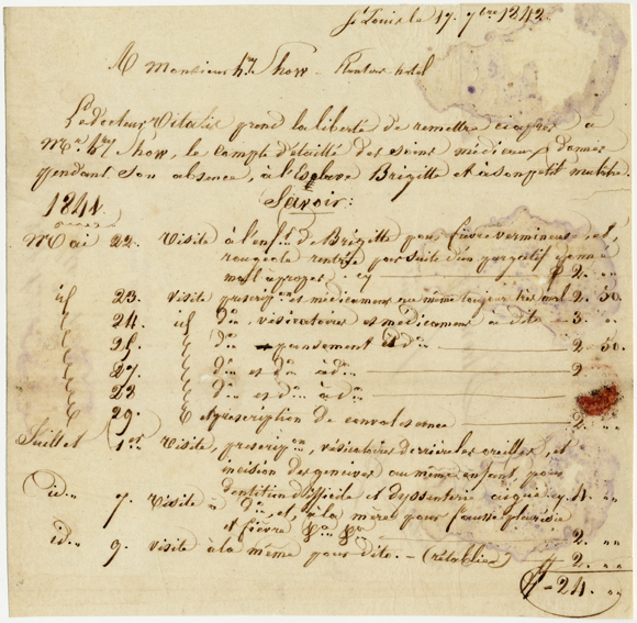 Receipt of doctor visit from a Dr. Vitalis to Henry Shaw for enslaved person Bridgette and her son.
