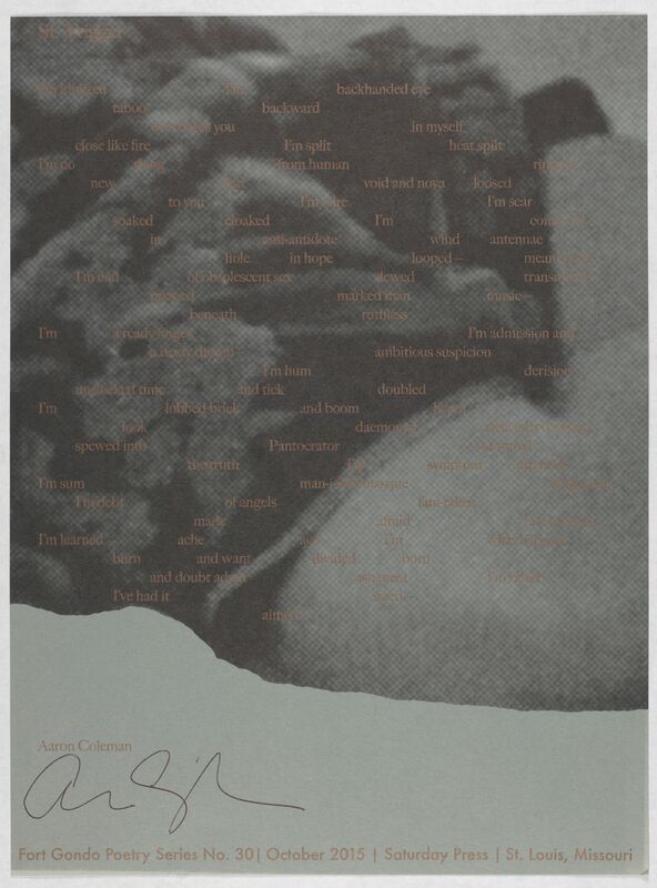Broadside made of gray poster paper with a cloud-like image over which is printed in black text the poem “St Trigger.”