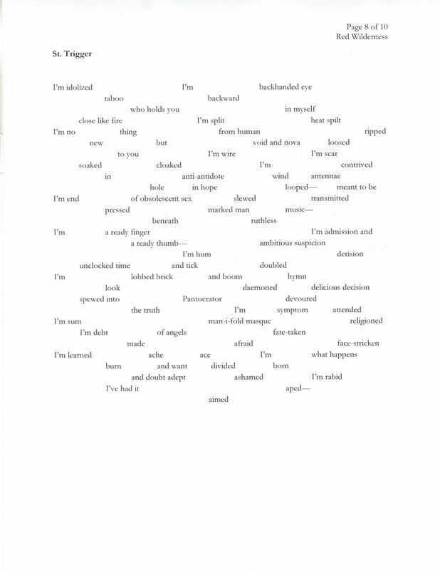 Typed draft of the poem "St. Trigger." The form employs white space between the words to create rhythm across the page.