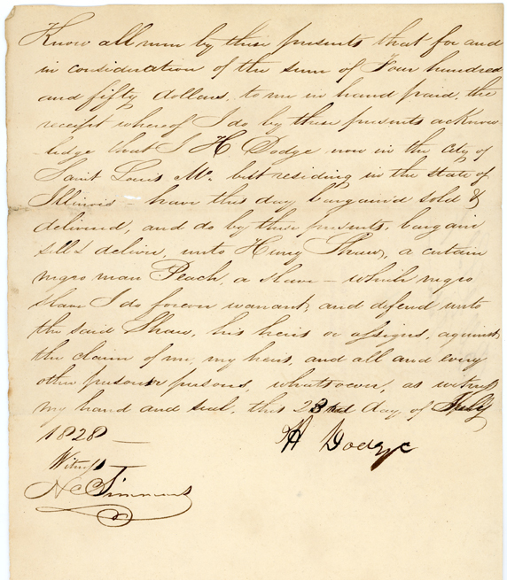 Bill of sale for purchase of Peter (Peach) by Henry Shaw, 1828