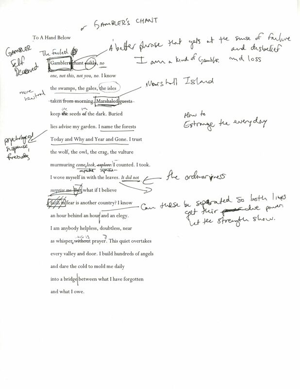 A typed draft of a poem with the title, "To a Hand Below." Handwritten notes include an alternative title, "Gambler's Chant."