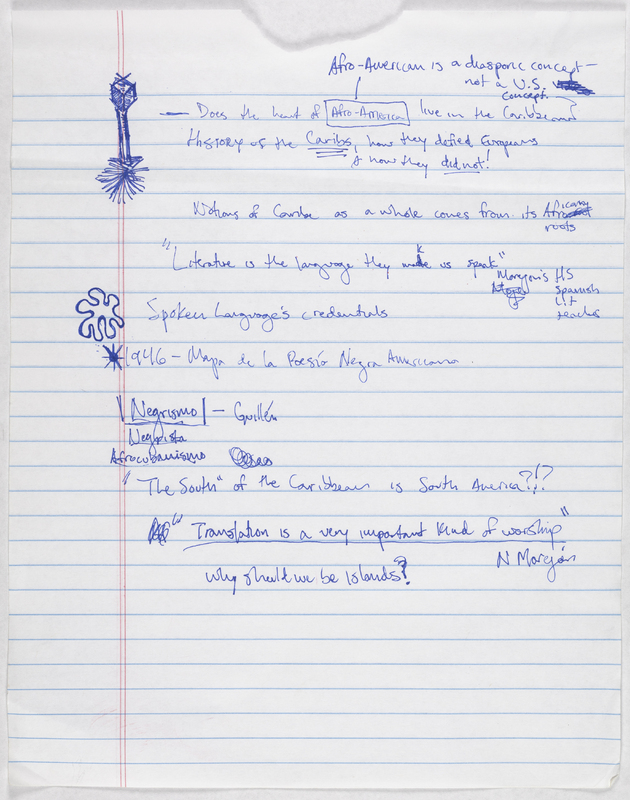  Handwritten notes in blue ink on lined note paper, including "Literature is the language they make us speak."  