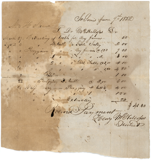 Dentist bill from Henry M. Kelloss for teeth extraction for James and Sally, both enslaved by Henry Shaw