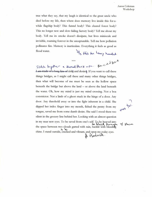 The third page of the poem. Handwritten notes include "Stitch together a thread thick with...the risk of desire." 