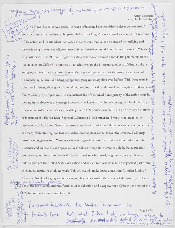 A typed, double-spaced analysis on imagined communities with handwritten notes, including, "How is class involved in these regional conceptualizations?" 