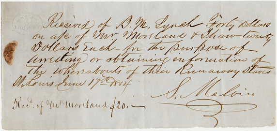Receipt from bounty hunter, Bernard Lynch to Henry Shaw for tracking and return of escaped enslaved person, Sarah and her child, dated June 17th, 1854
