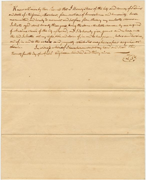 Record of manumission (freeing) of Juliette by Henry Shaw, 1839.