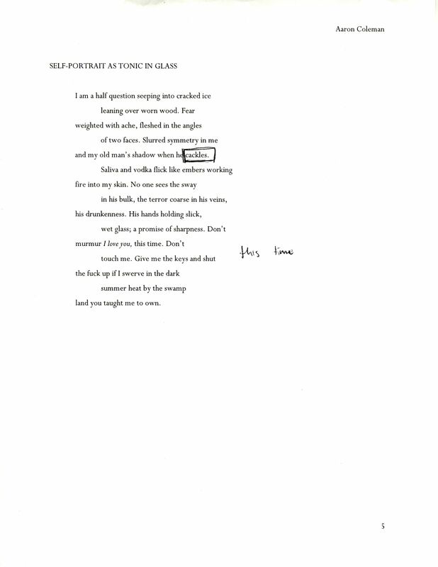 A typed draft of the poem "Self-Portrait as Tonic in Glass" with handwritten notes in black ink, including "this time."