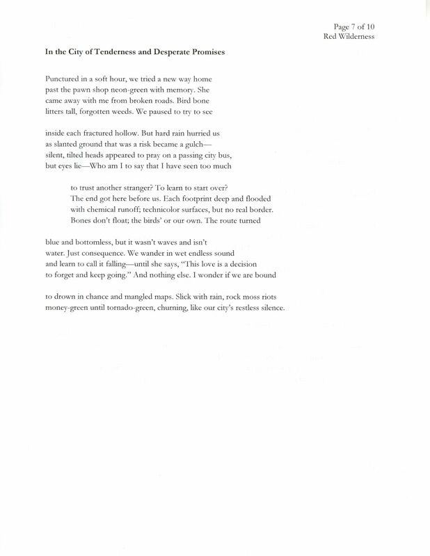 Typed draft of the poem "In the City of Tenderness and Desperate Promises." The form includes five quatrains and one couplet.