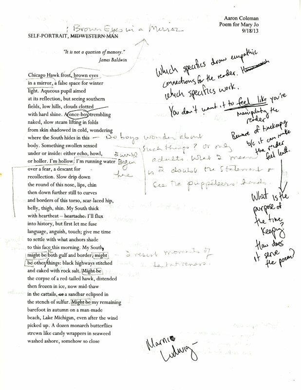  Typed draft of the poem "Self-Portrait, Mid-Western Man" with handwritten notes, such as, What is
the purpose of the time keeping?