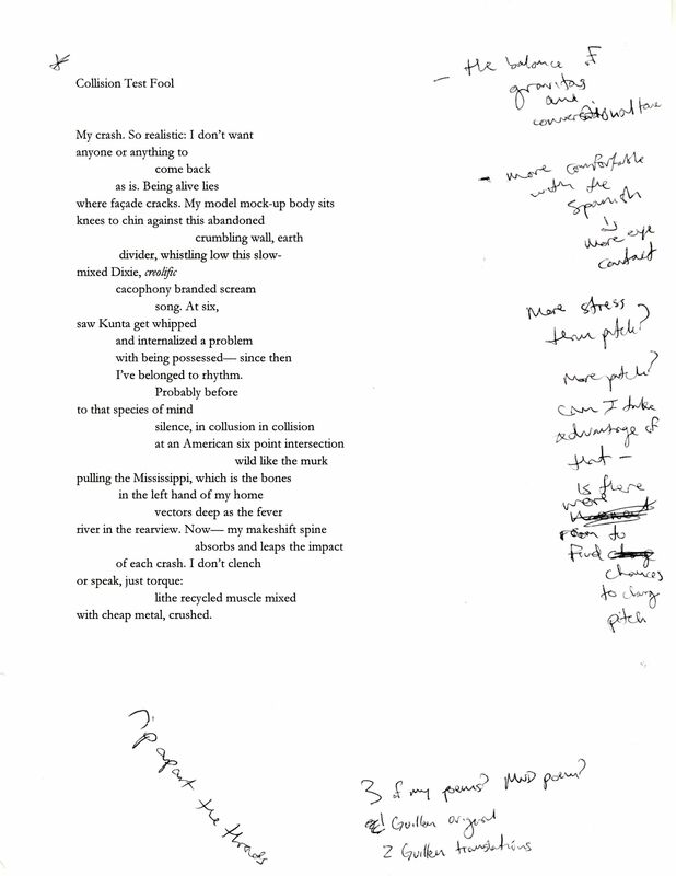 Typed draft of the poem "Collision Test Fool" with handwritten notes, including, "More stress than pitch?"  