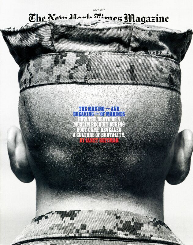  The New York Times magazine cover features a black and white photograph of the back of a marine's head in a desert camouflage hat. 