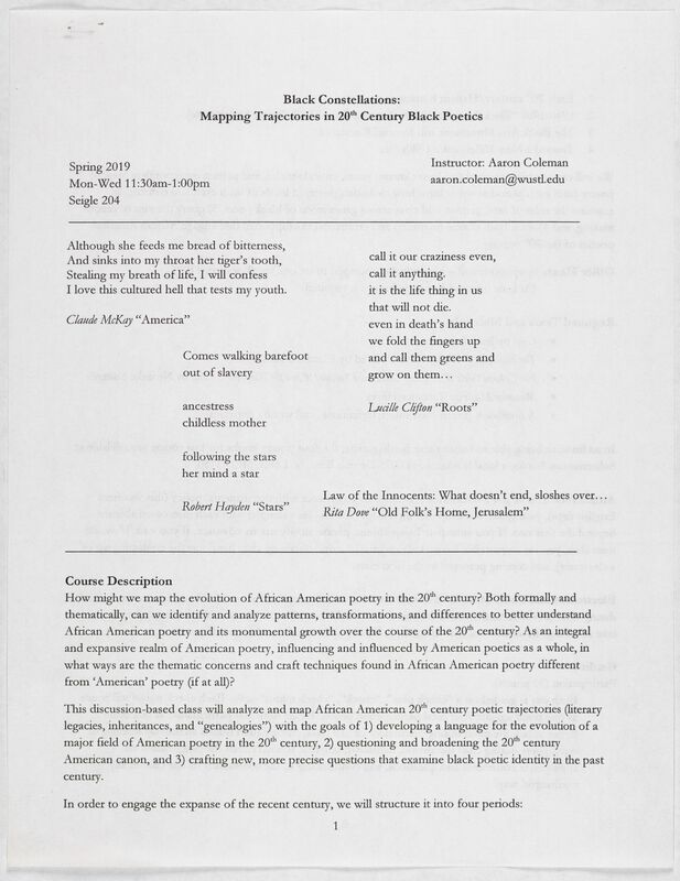  A typed syllabus, including theoretical questions: "How might we map the evolution of African American poetry in the 20th century?" 