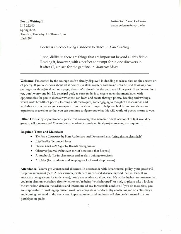  Typed front page of a poetry syllabus, including coarse goals, such as the creation of an environment laden with opportunities. 