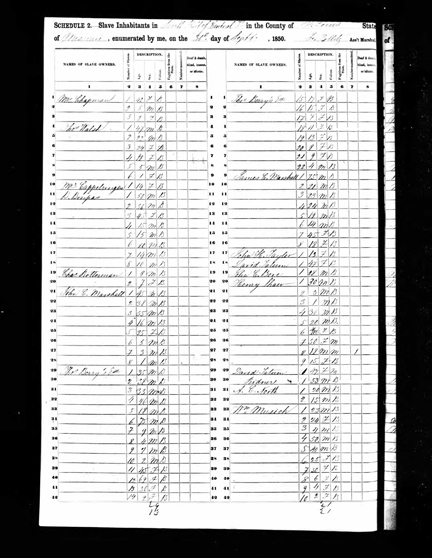 United States Census record for 1850 showing Henry Shaw's ownership of nine enslaved people.