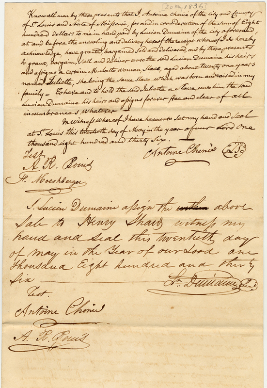 Bill of sale for purchase of Juliette by Henry Shaw, 20 May 1836