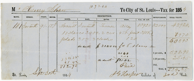 1854 tax statement (personal property tax) to the City of Saint Louis from Henry Shaw stating his ownership of ten enslaved persons.