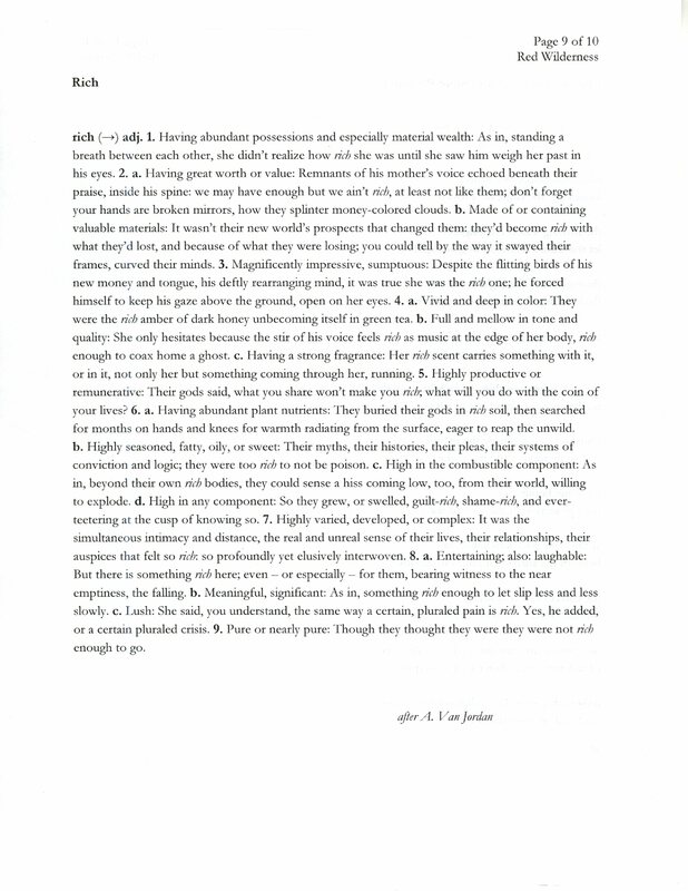 Typed draft of the poem "Rich." The form is a prose poem in a dictionary definition style after A. Van Jordan.