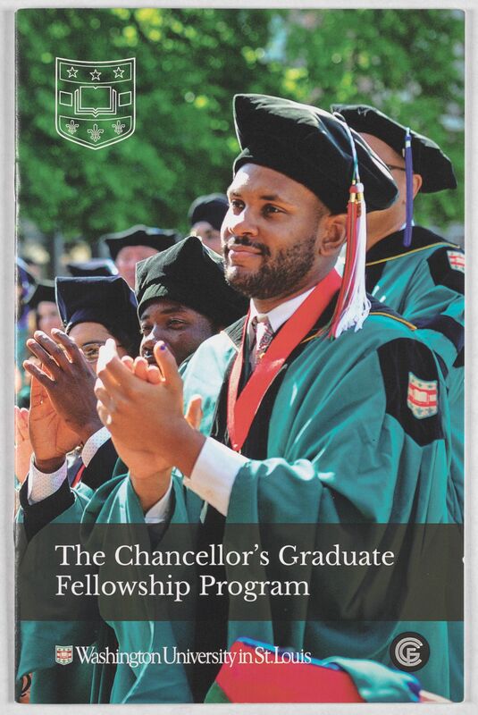 Glossy pamphlet featuring Aaron Coleman, a young, Black man in a green graduation gown and cap in a crowd of other graduates.  