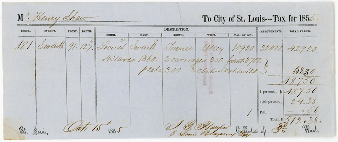 1855 tax statement (personal property tax) to the City of Saint Louis from Henry Shaw stating his ownership of four enslaved persons.
