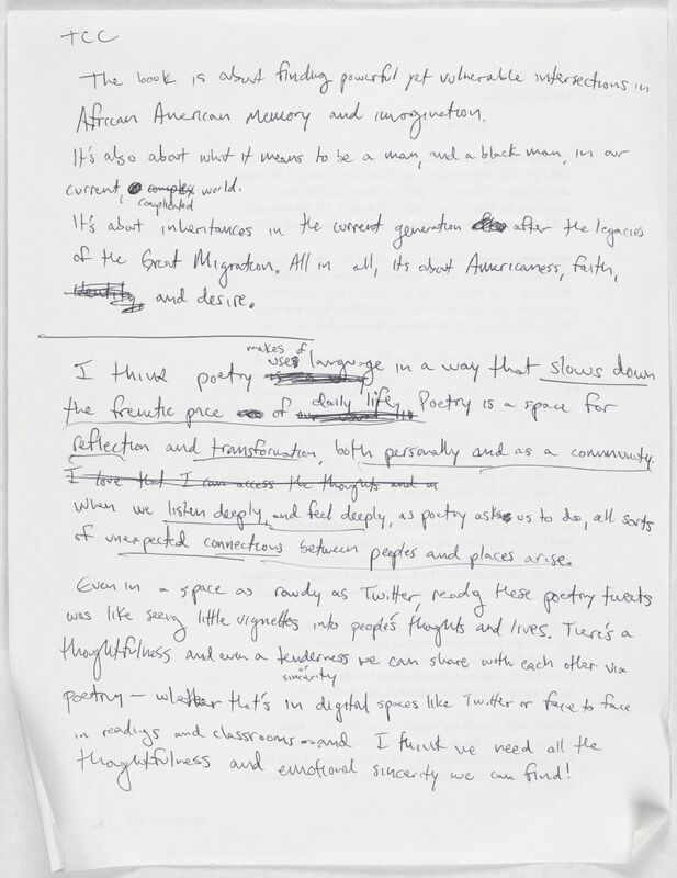 Handwritten notes for an NPR Interview on Poetry and Translation, preparing for a discussion on his poetry book.  