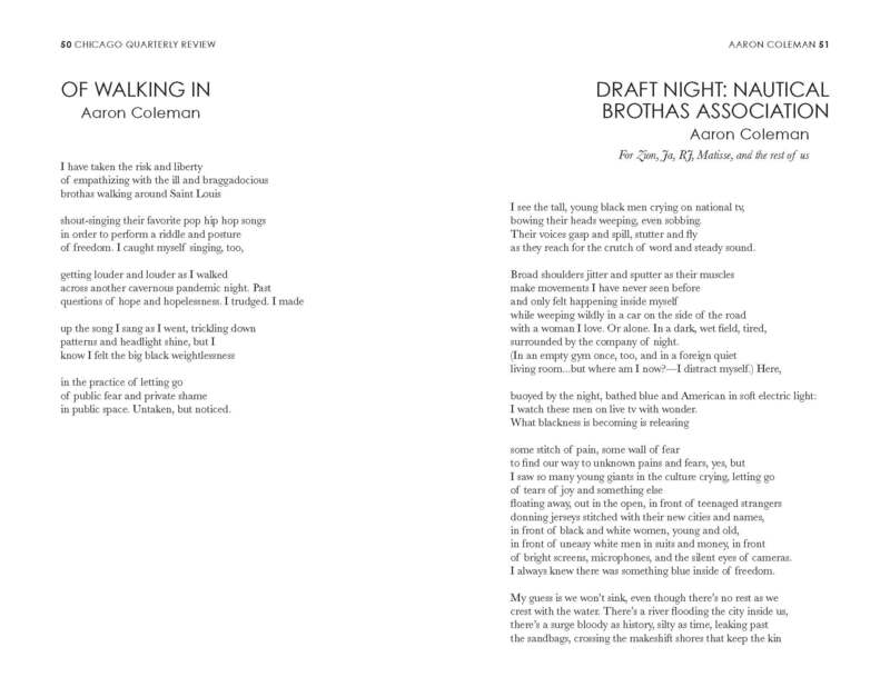 The poem "Of Walking In" on the left page, and on the facing page, the poem "Draft Night: Nautical Brothas Association."