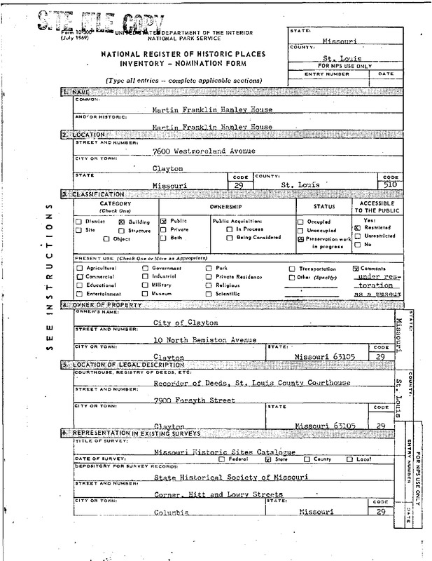 DNR National Register of Historical Places for Hanley House.
