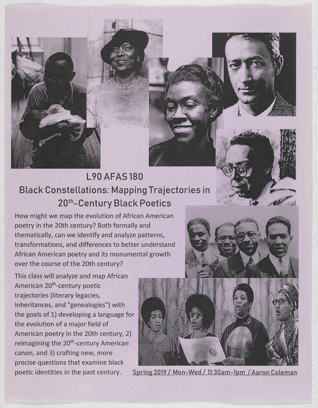 A lavender course flyer for "Black Constellations: Mapping Trajectories in 20th Century Black Poetics."