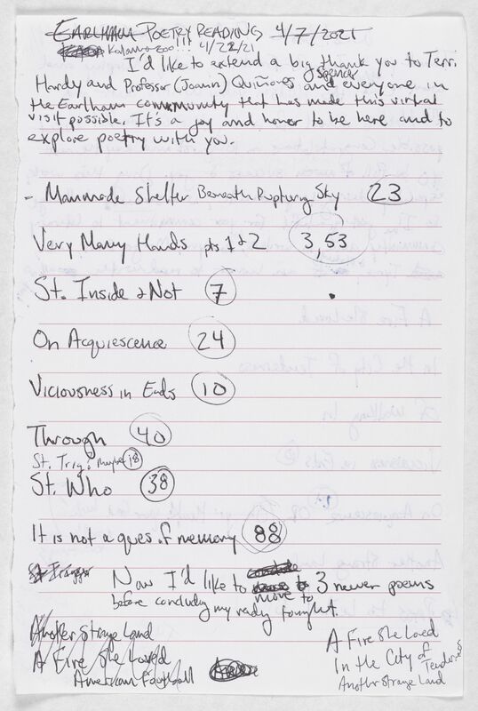 A handwritten poetry set list, including notes such as, ”It’s a joy and honor to be here and to explore poetry with you." 