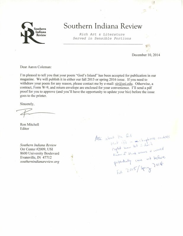 A typed letter accepting the poem titled "God's Island" for publication in the review, signed by the editor Ron Mitchell.  