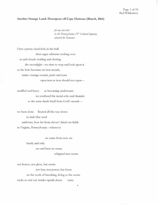 Draft of the poem "Another Strange Land: Downpour Off Cape Hatteras (March, 1864)." The form is strophic, the lines moving across the page like water.