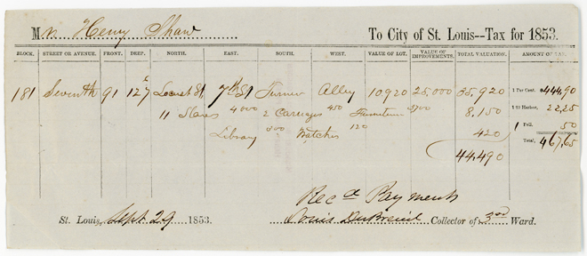 1853 tax statement (personal property tax) to the City of Saint Louis from Henry Shaw stating his ownership of 11 enslaved persons.