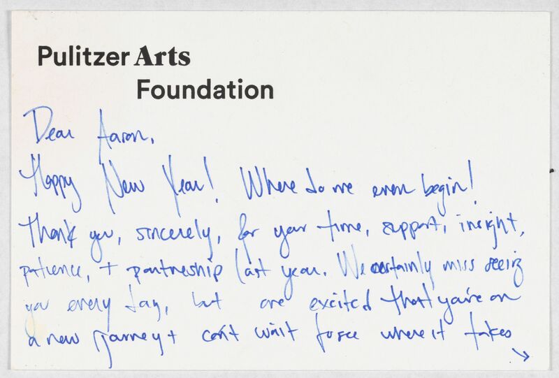 A notecard handwritten in blue ink, thanking Coleman for his time working at the Pulitzer.
