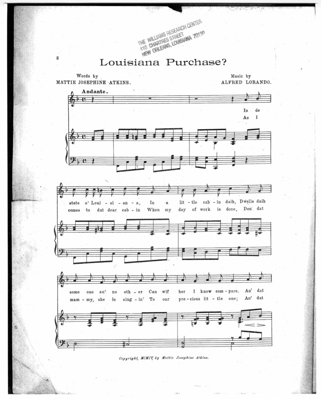 Louisiana Purchase? / words by Mattie Josephine Atkins ; music by Alfred Lorando.