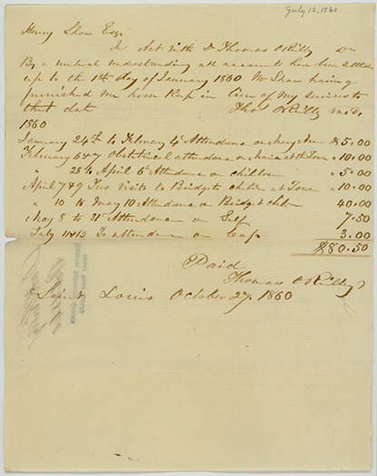 Medical bill for care of Henry Shaw and people he enslaved at Tower Grove by Dr. Thomas O'Reilly, 2 October 1860
