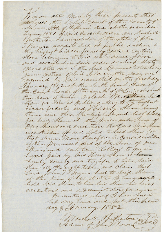 Bill of sale for the purchase of enslaved person, Jim, by Henry Shaw in 1852