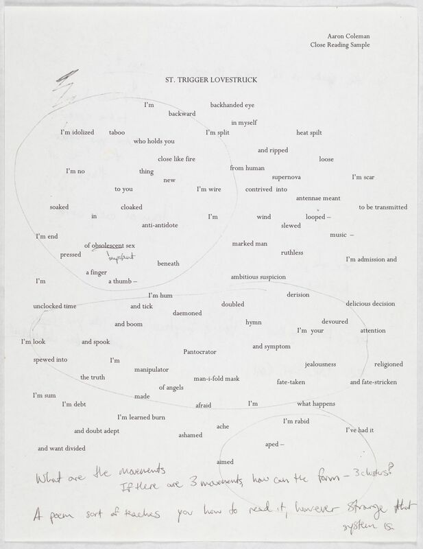 A typed draft of a poem titled "St. Trigger Lovestruck" with handwritten notes, including, "What are the movements?" 