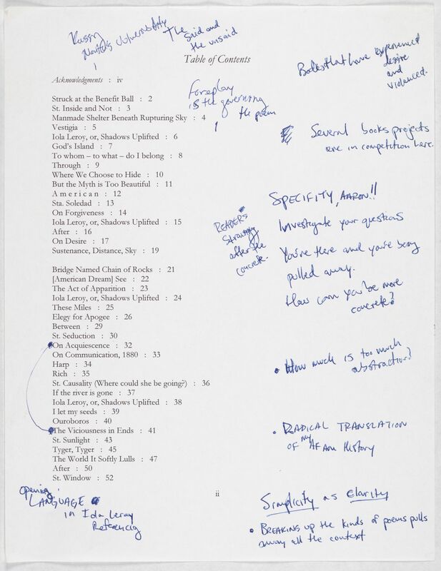 Typed table of contents includes a list of poem titles alongside handwritten notes, such as "How much is too much abstraction?"  