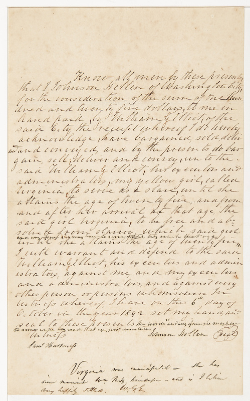 Letter acknowledging receipt of Virginia, enslaved girl