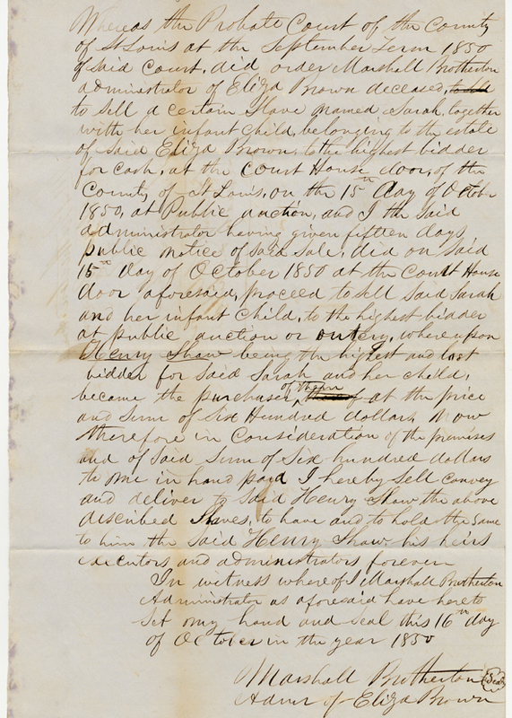 Bill of sale for the purchase of Sarah and her infant child by Henry Shaw, October 1850