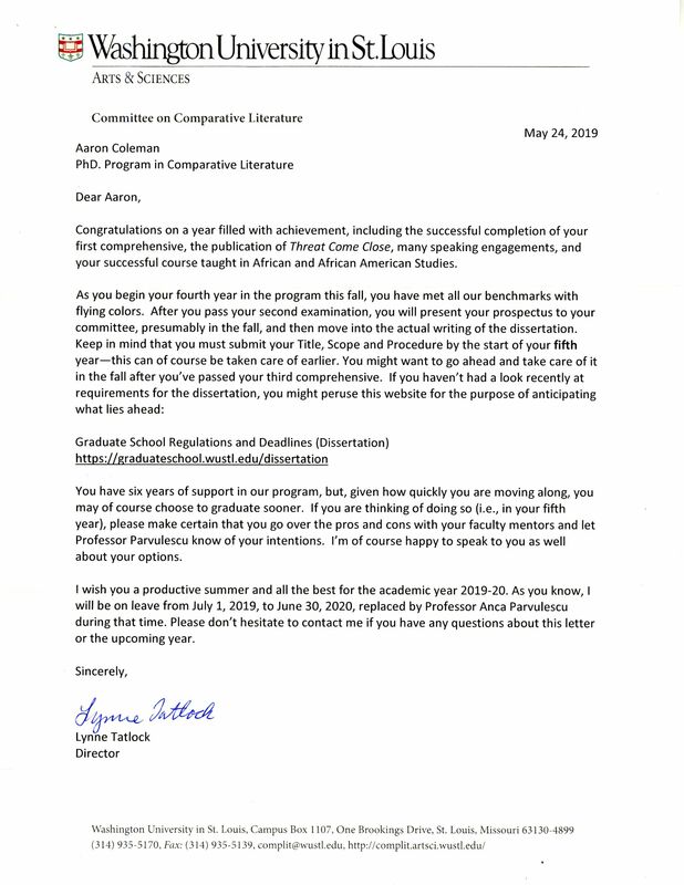 A typed letter from the director of Comparative Literature, congratulating Coleman on his many achievements. 